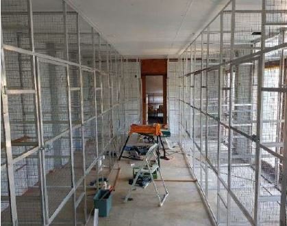 Rows of metal cat cages under construction inside the new Block B workshop